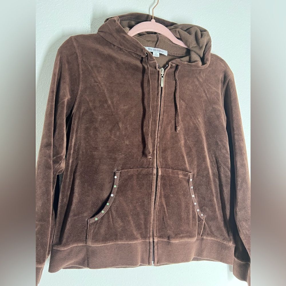 Sport By Design Women's Jacket Velour Fleece Hooded Full Zip Up Pockets Size M